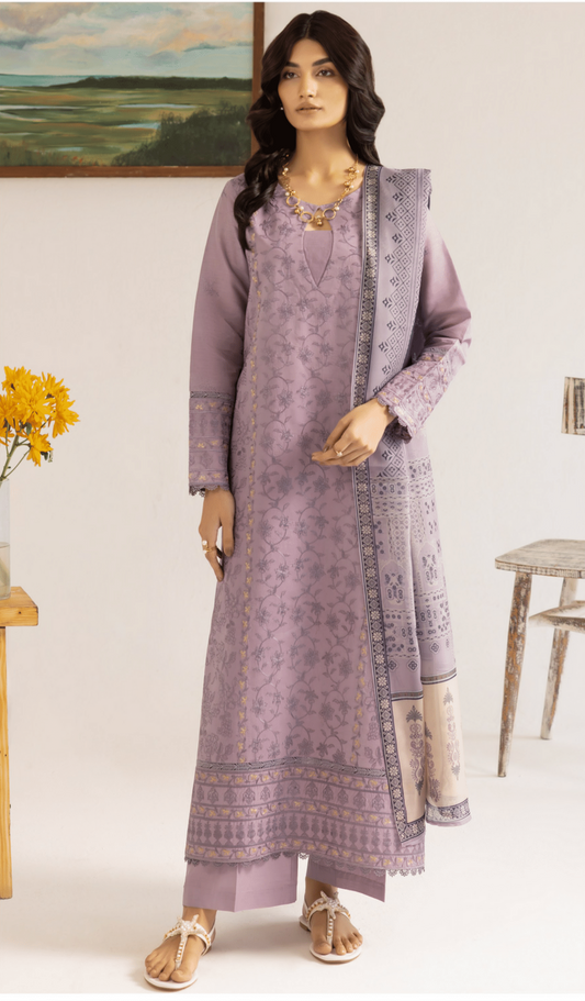 Lilac 3 Piece Embroidered Lawn Dress - Esra Fashion