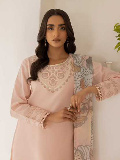 Peach 3 Piece Embroidered Lawn Dress - Esra Fashion