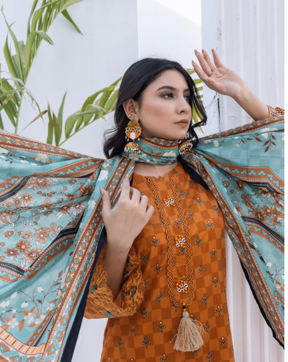 (LIGHT ORANGE) Embroidered 3 Piece Lawn Dress - Zainab Fazlani