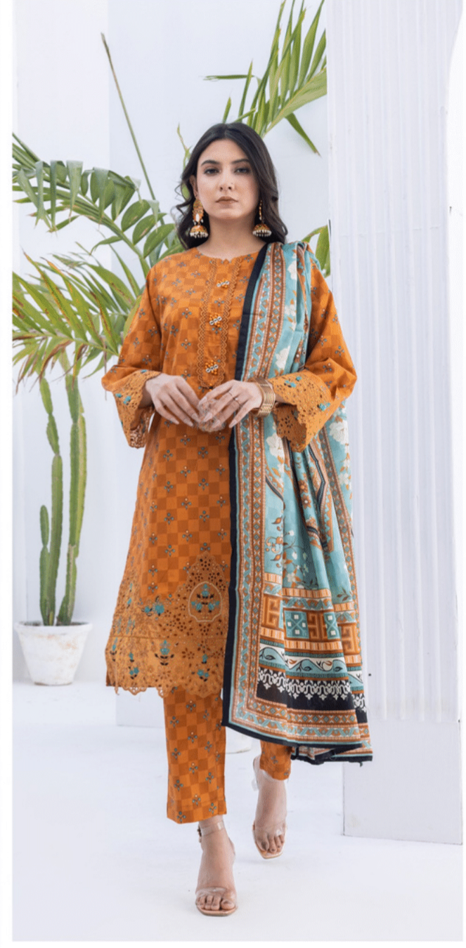 (LIGHT ORANGE) Embroidered 3 Piece Lawn Dress - Zainab Fazlani