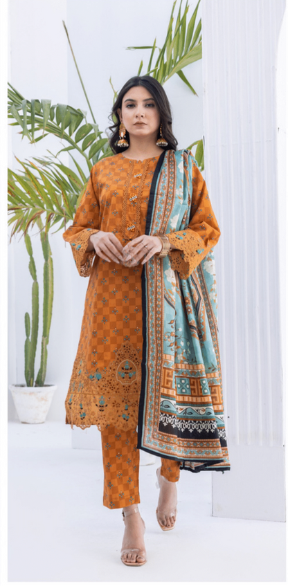 (LIGHT ORANGE) Embroidered 3 Piece Lawn Dress - Zainab Fazlani