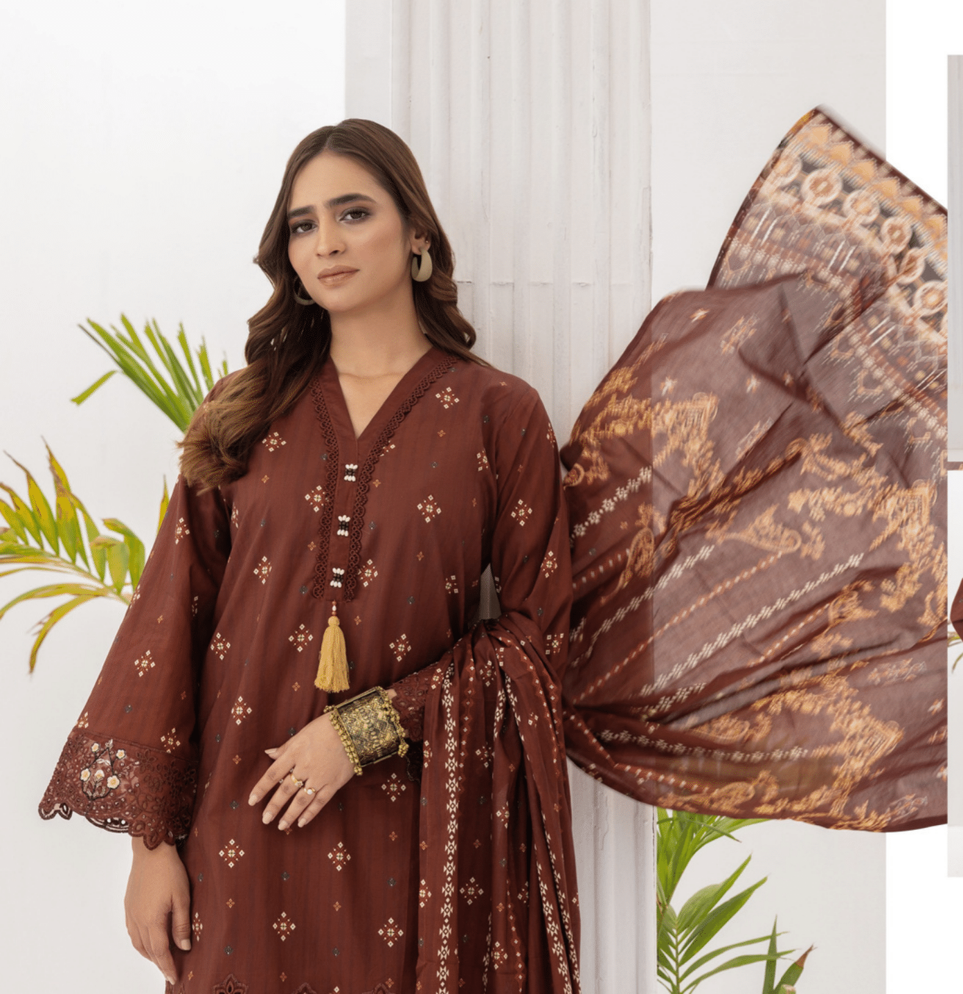 (BROWN) Embroidered 3 Piece Lawn Dress - Zainab Fazlani