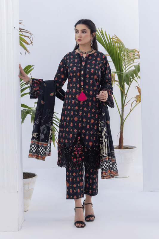 (BLACK) Embroidered 3 Piece Lawn Dress - Zainab Fazlani