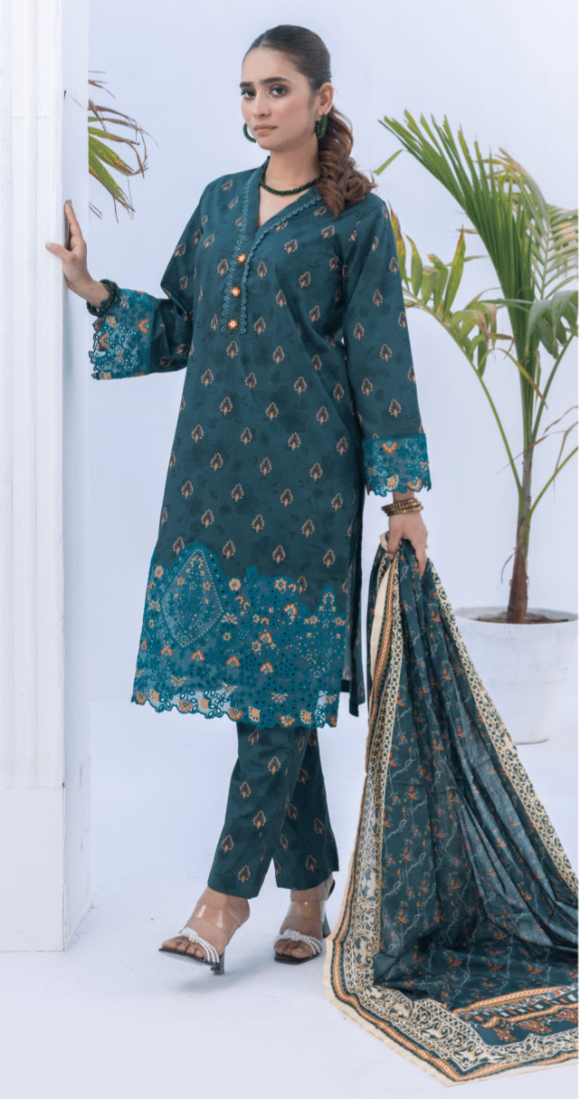 (CASAL BLUE) Embroidered 3 Piece Lawn Dress - Zainab Fazlani