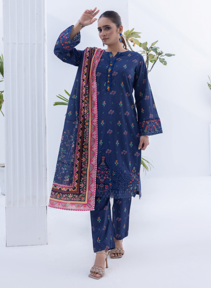 (NAVY BLUE) Embroidered 3 Piece Lawn Dress - Zainab Fazlani