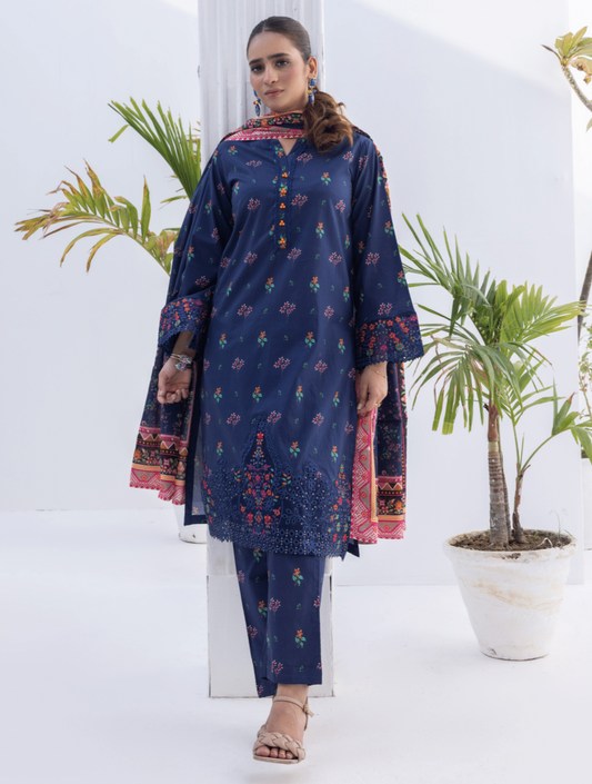 (NAVY BLUE) Embroidered 3 Piece Lawn Dress - Zainab Fazlani