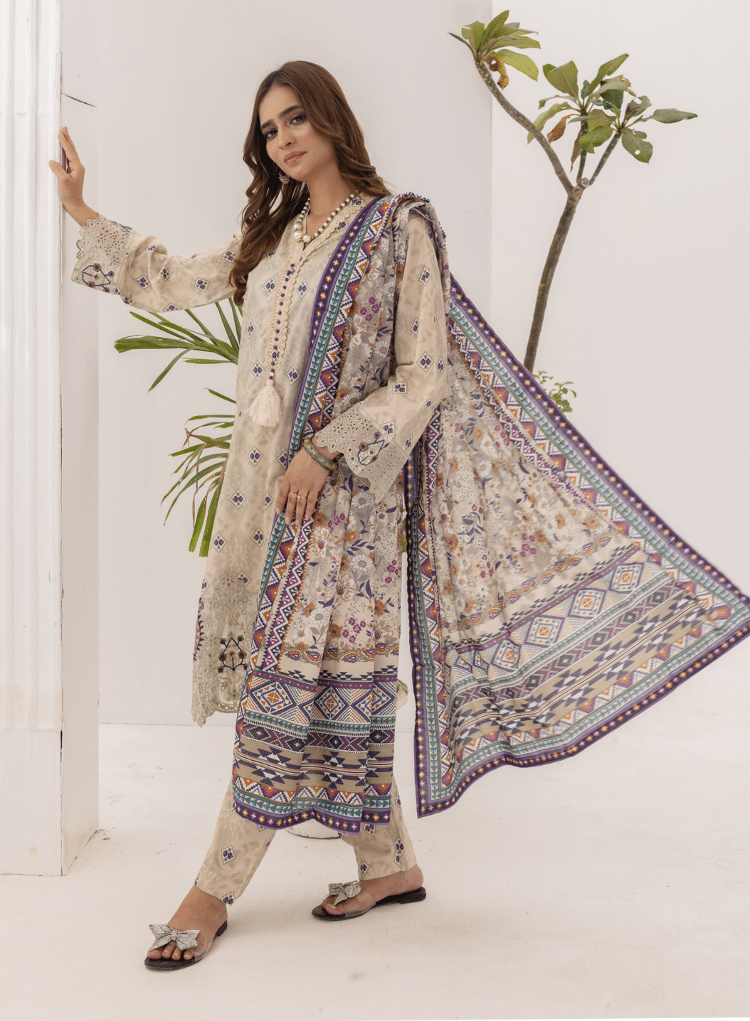 (BEIGE) Embroidered 3 Piece Lawn Dress - Zainab Fazlani