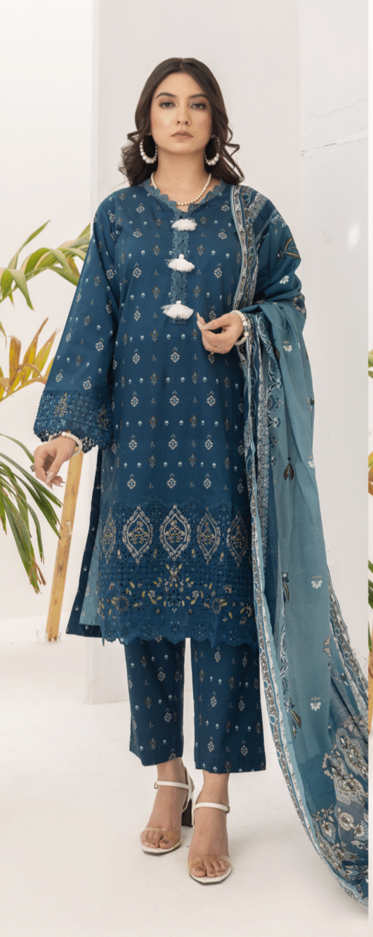 (BLUE) Embroidered 3 Piece Lawn Dress - Zainab Fazlani