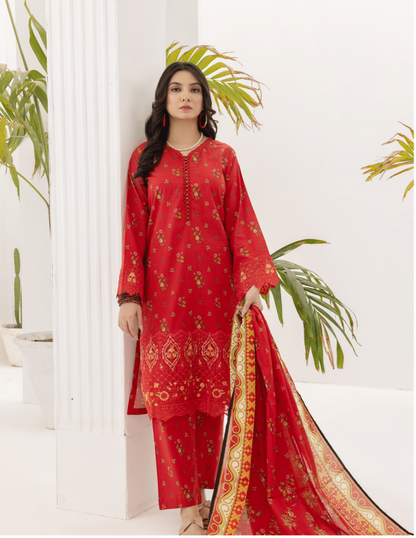 (RED) Embroidered 3 Piece Lawn Dress - Zainab Fazlani