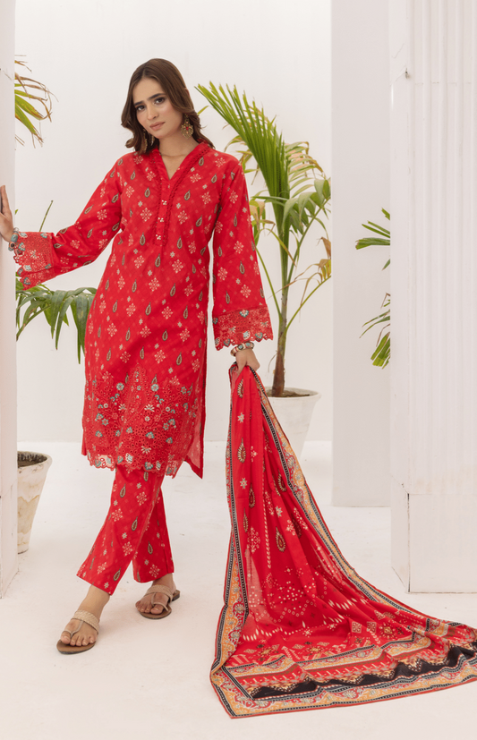 (BRIGHT RED) Embroidered 3 Piece Lawn Dress - Zainab Fazlani