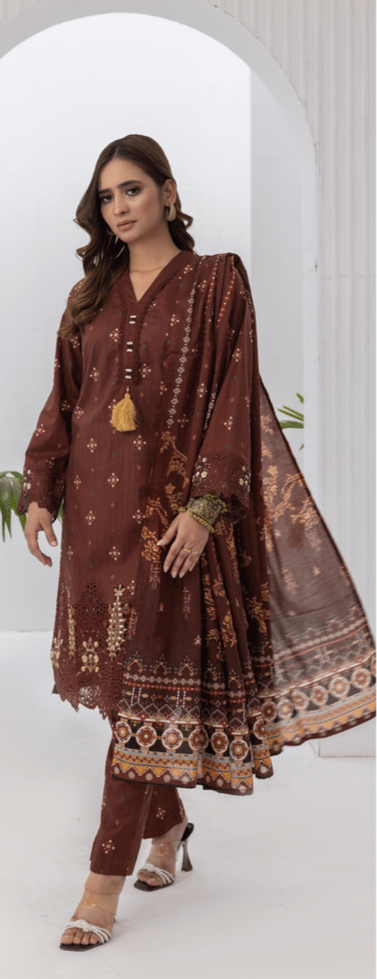 (BROWN) Embroidered 3 Piece Lawn Dress - Zainab Fazlani