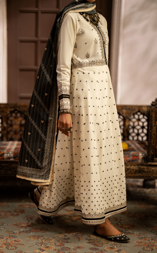 (White) 3 Pc Cotton Embroidered Suit - Casuallite