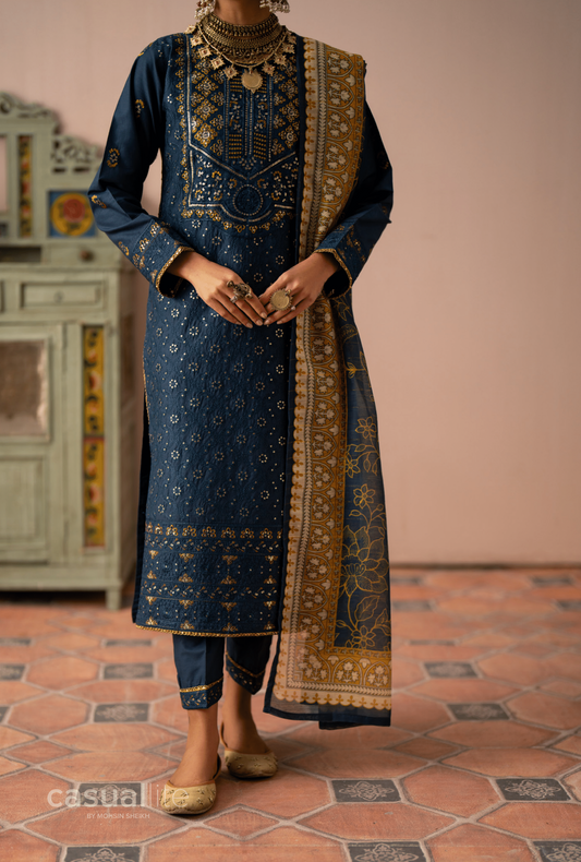 (Blue) 3 Pc Cotton Embroidered Suit - Casuallite