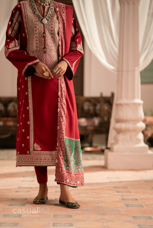 (Red) 3 Pc Cotton Embroidered Suit - Casuallite