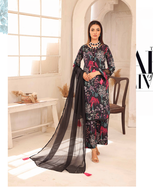 (Black) Printed Lawn 3 Pc Dress By Simrans