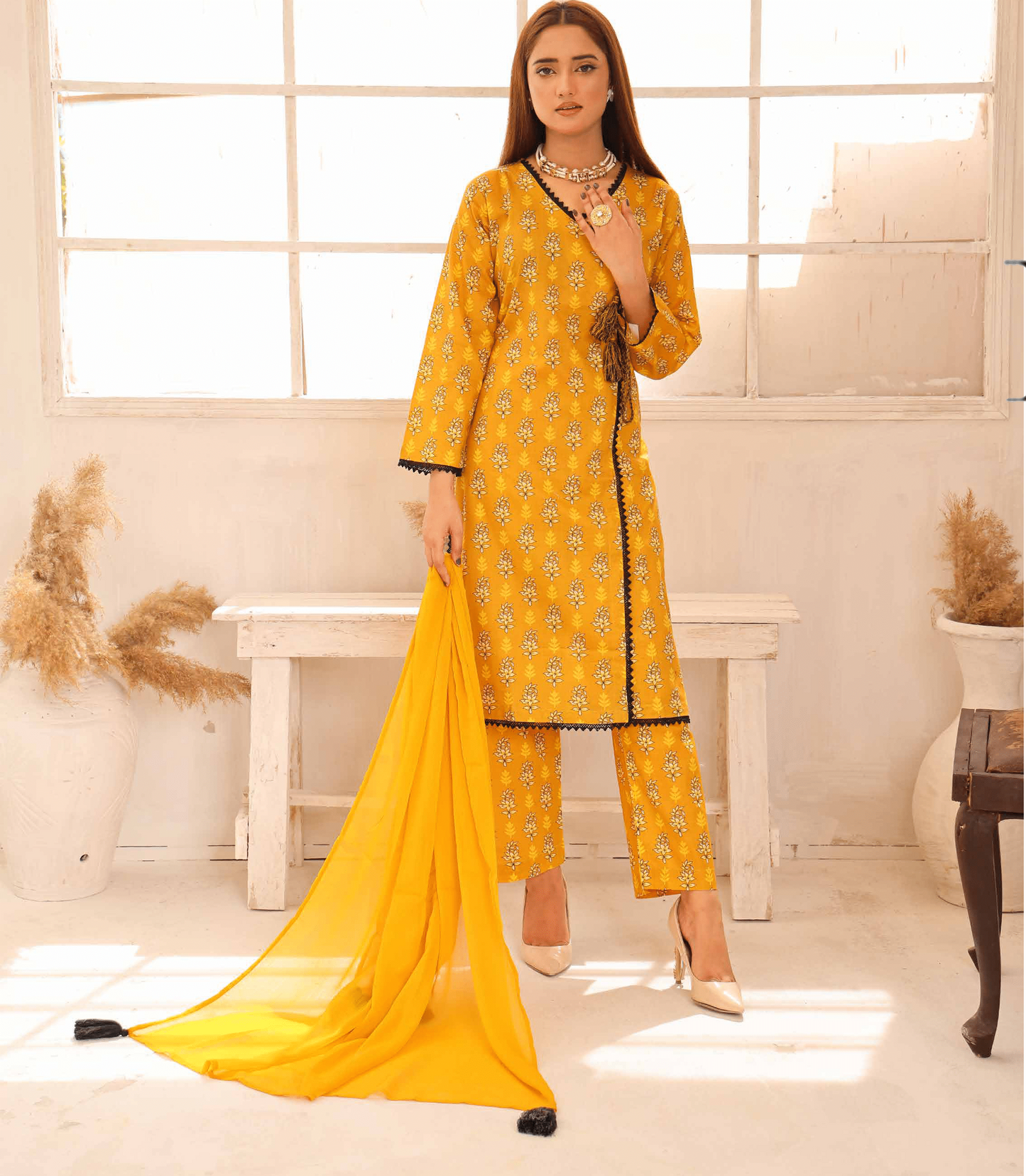 (Yellow) Printed Lawn 3 Pc Dress By Simrans