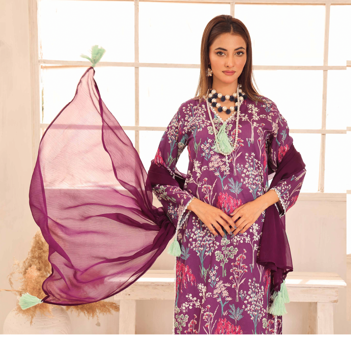 (Purple) Printed Lawn 3 Pc Dress By Simrans