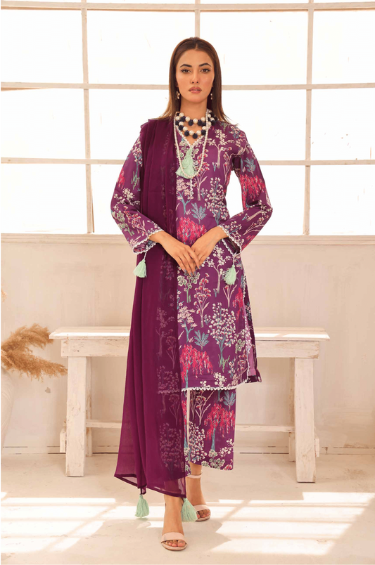 (Purple) Printed Lawn 3 Pc Dress By Simrans