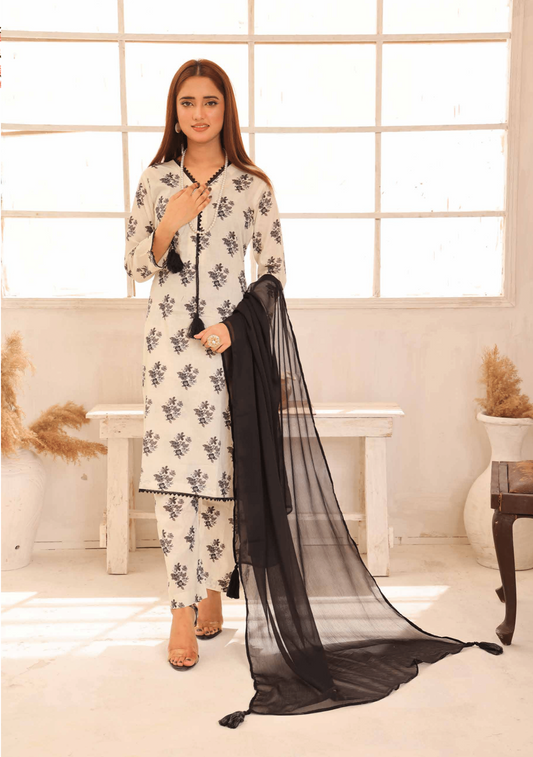 (Cream) Printed Lawn 3 Pc Dress By Simrans