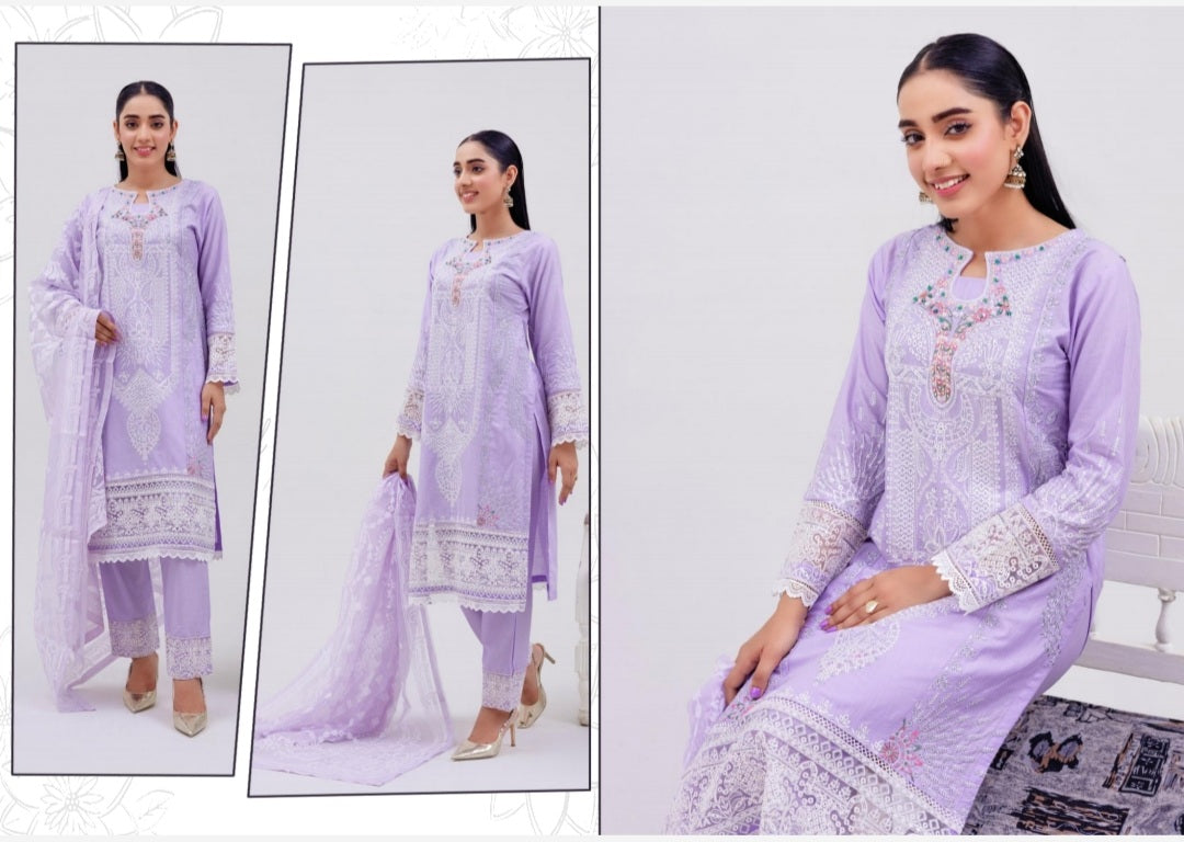 Lilac 3 Pc Festive Embroidered Cotton dress - Rangz