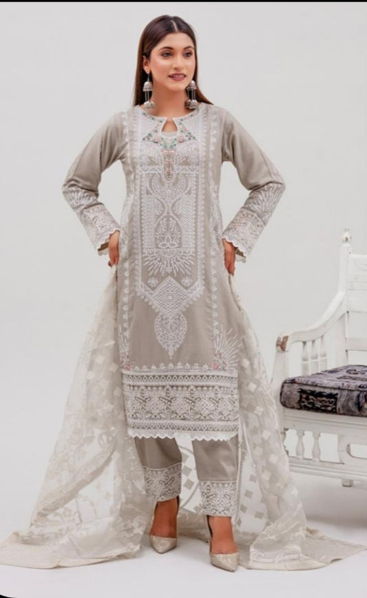 Light Grey 3 Pc Festive Embroidered Cotton dress - Rangz