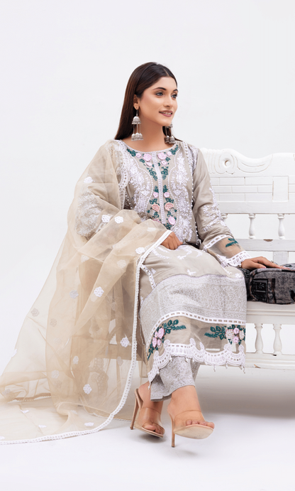 Light Grey 3 Pc Embroidered Lawn Collection-Rangz