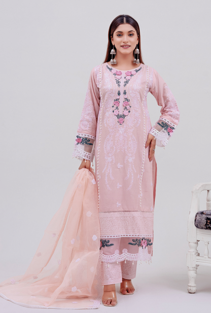 Peach 3 Pc  Embroidered Lawn Collection-Rangz