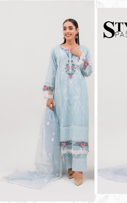 Sea Green 3 Pc Embroidered Lawn Collection-Rangz