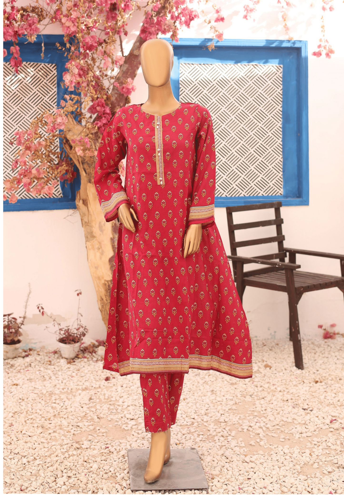 (Red) 2 Pc Printed Lawn Frock by Naubahar