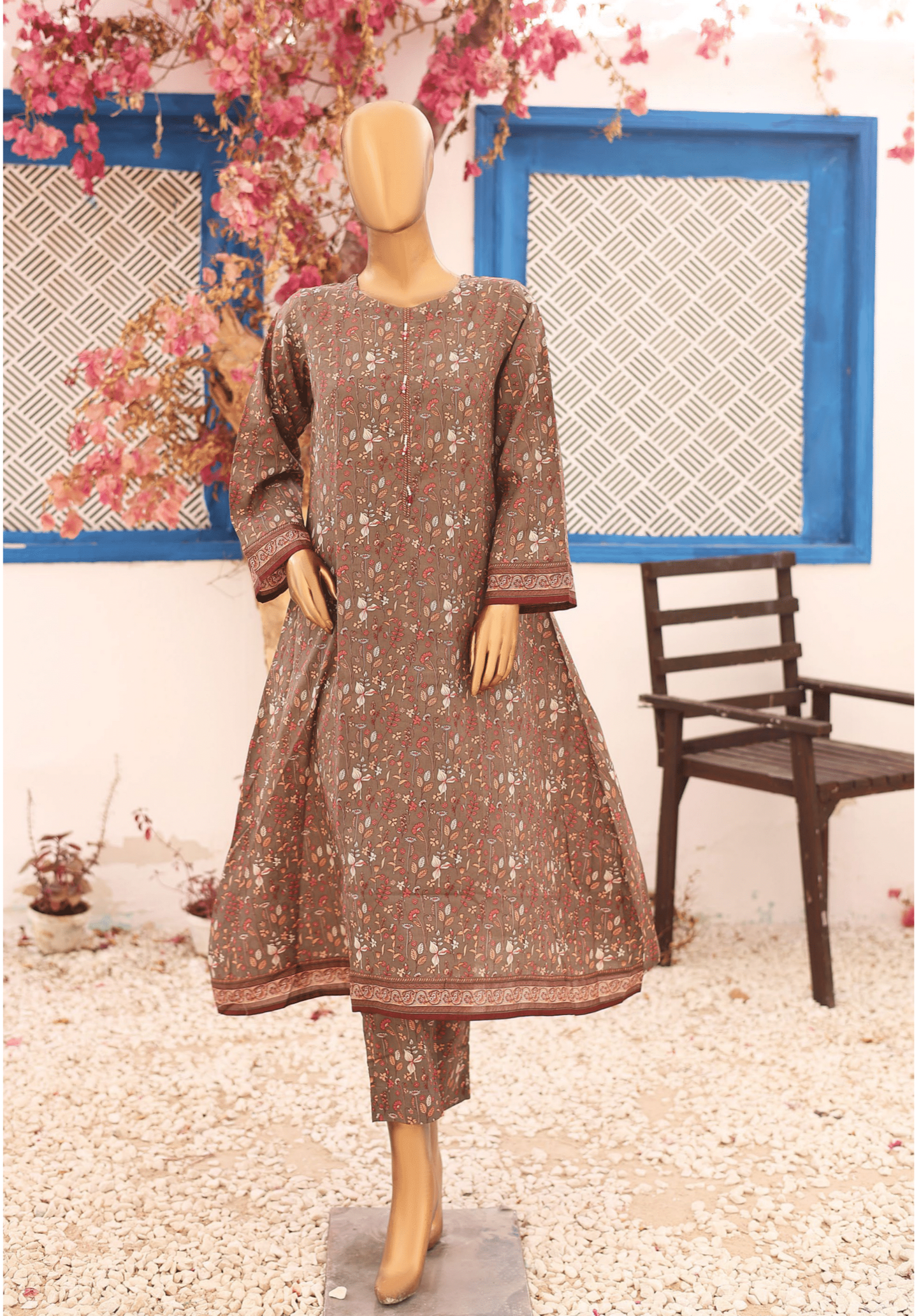 (Brown) 2 Pc Printed Lawn Frock by Naubahar