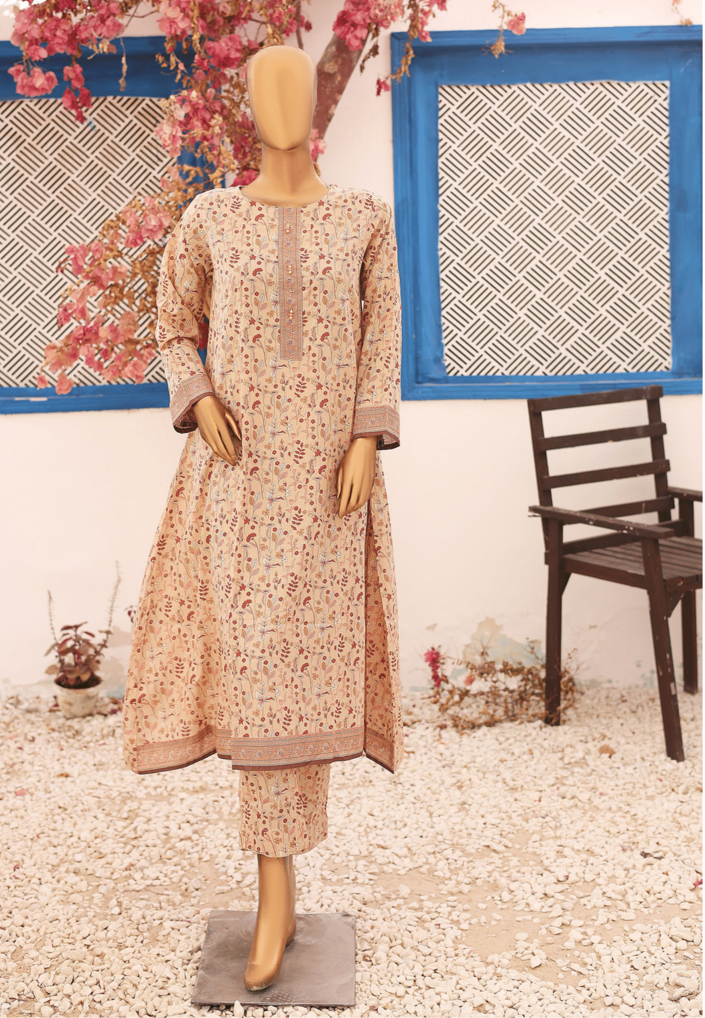 (Beige) 2 Pc Printed Lawn Frock by Naubahar