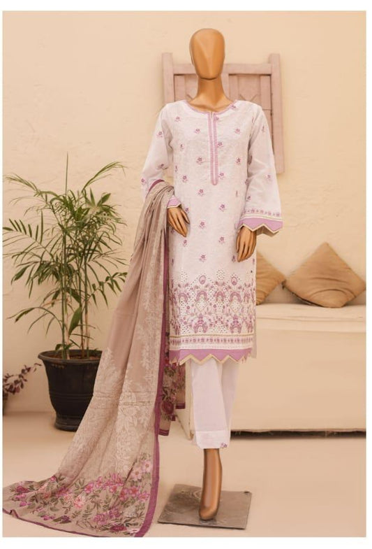 (White with Mauve) Chikenkari Lawn 3 Pc-Naubahar