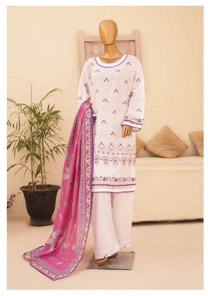 (White with Purple) Chikenkari Lawn 3 Pc-Naubahar