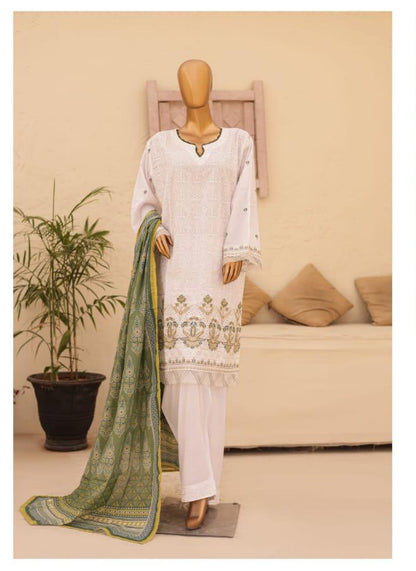 (White with Green) Chikenkari Lawn 3 Pc-Naubahar (Copy)