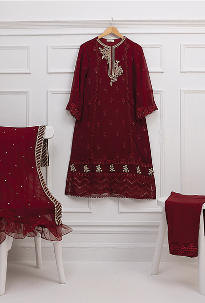 Azure Maroon 3 Pc Chiffon Embroidered Collection : Deep Claret