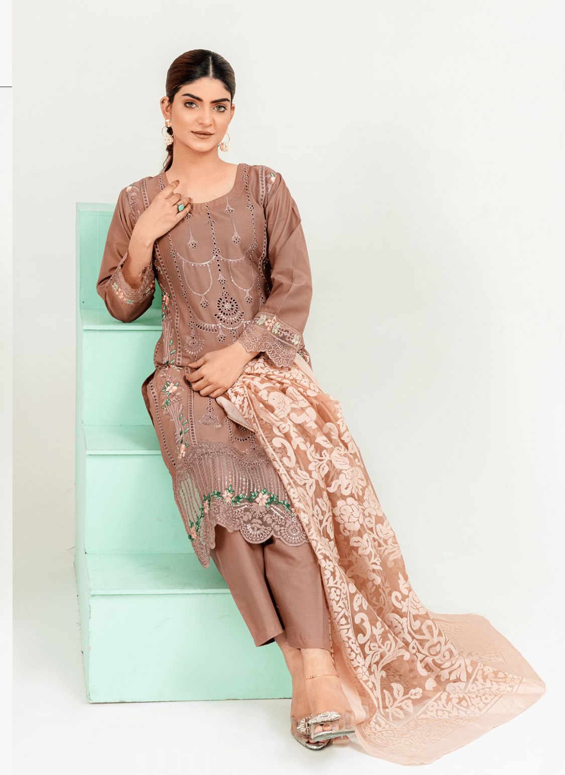 Chestnut Brown | Chikankari Embroidered Lawn 3Pc dress - Rangz