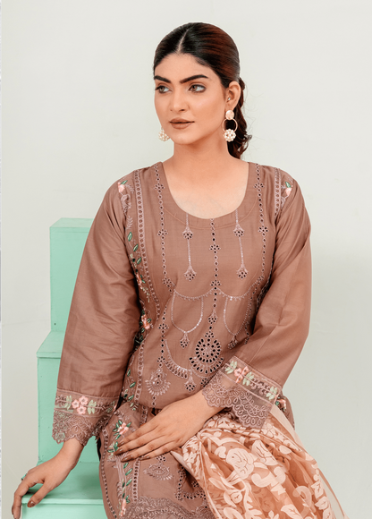 Chestnut Brown | Chikankari Embroidered Lawn 3Pc dress - Rangz