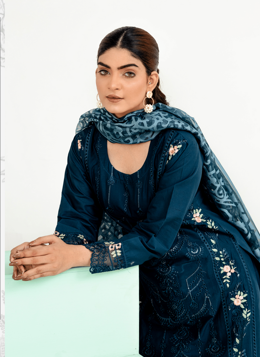 Blue|Chikankari Embroidered Lawn 3Pc dress - Rangz