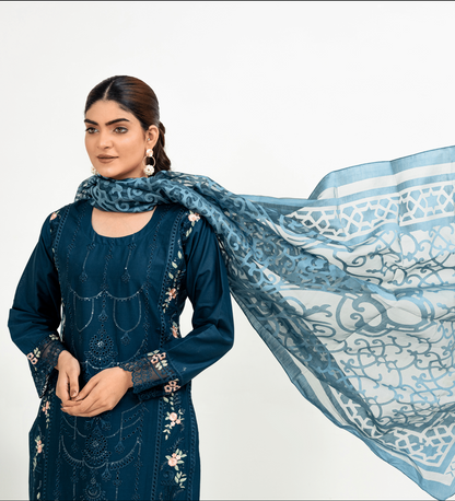 Blue|Chikankari Embroidered Lawn 3Pc dress - Rangz