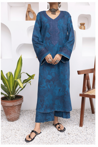 Blue 2 Pc Embroidered Printed Cotton Lawn Solid Outfit - Casuallite