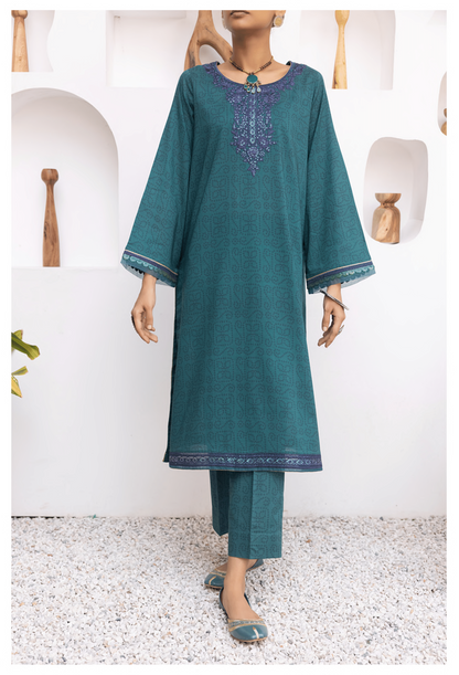 Teal 2 Pc Embroidered Printed Cotton Lawn Solid Outfit - Casuallite