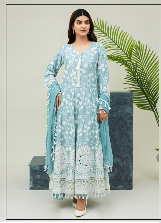 Sea green | Embroidered Linen Long Maxi | Ready to Wear 3 Pc dress - Rangz