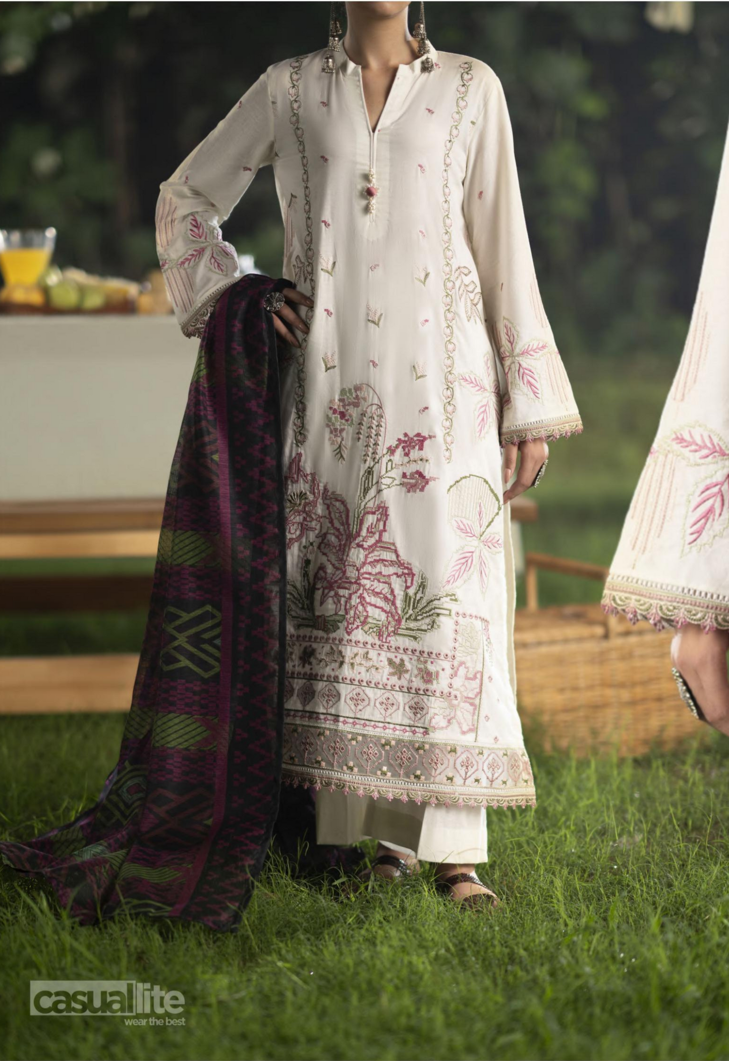 (Cream) Embroidered Linen 3 Pc Ready to Wear by Casuallite