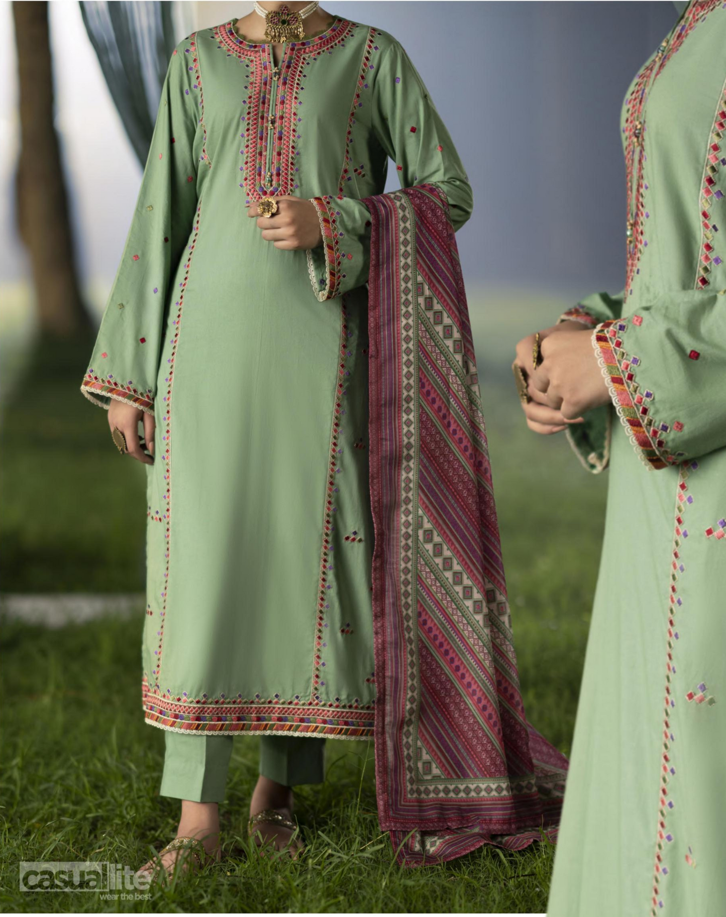 (Mint Green) Embroidered Linen 3 Pc Ready to Wear by Casuallite