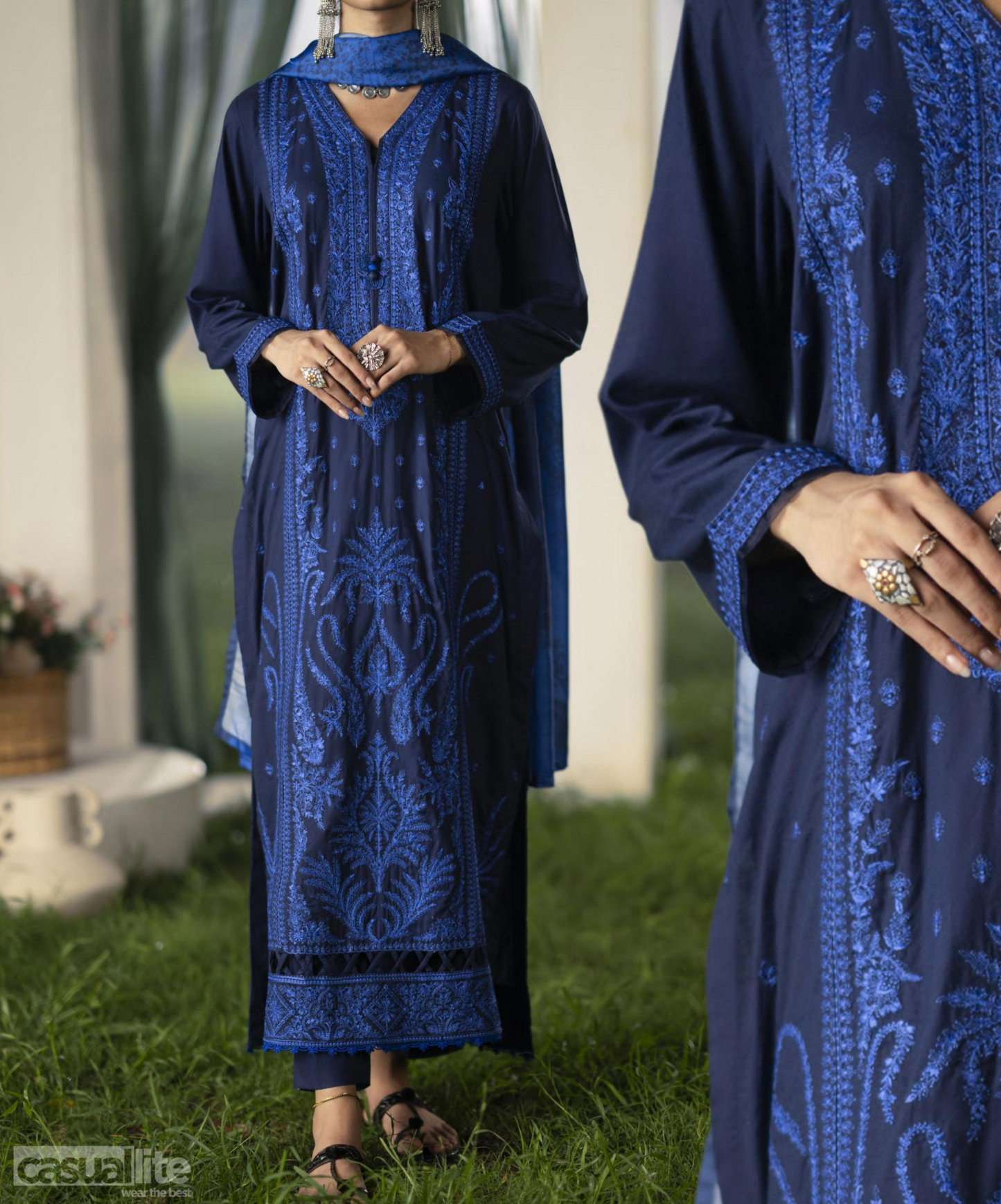 (Dark Blue) Embroidered Linen 3 Pc Ready to Wear by Casuallite