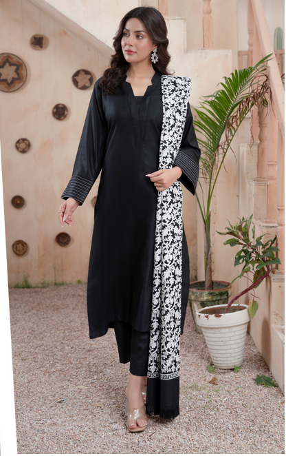 (Black) 3 Pc Dhanak Dress with Embroidered Wool Shawl Dupatta | Winter Wear | RANIYA.H