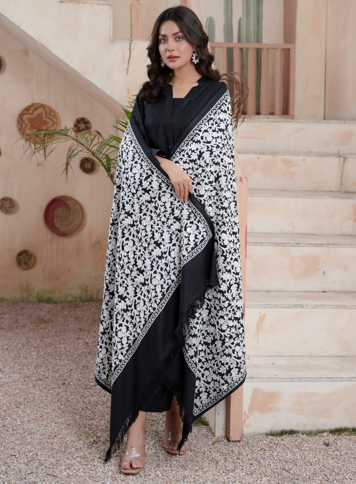 (Black) 3 Pc Dhanak Dress with Embroidered Wool Shawl Dupatta | Winter Wear | RANIYA.H