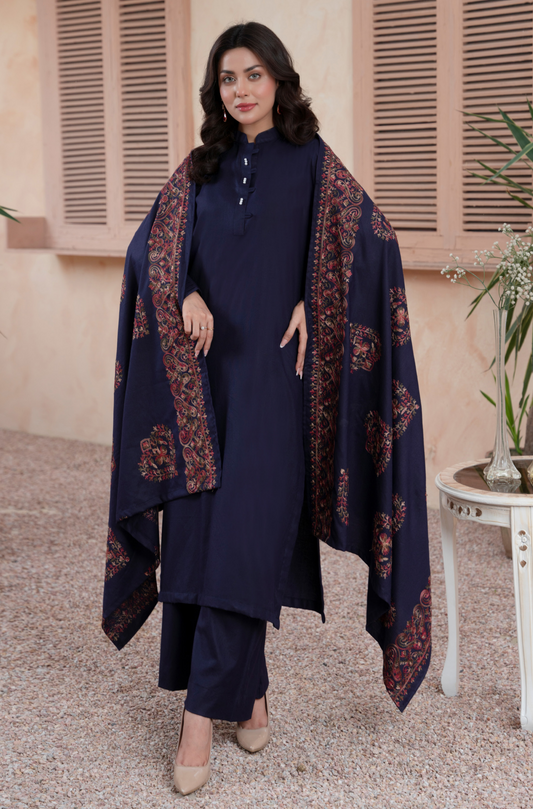 (Navy Blue) 3 Pc Dhanak Dress with Embroidered Wool Shawl Dupatta | Winter Wear | RANIYA.H