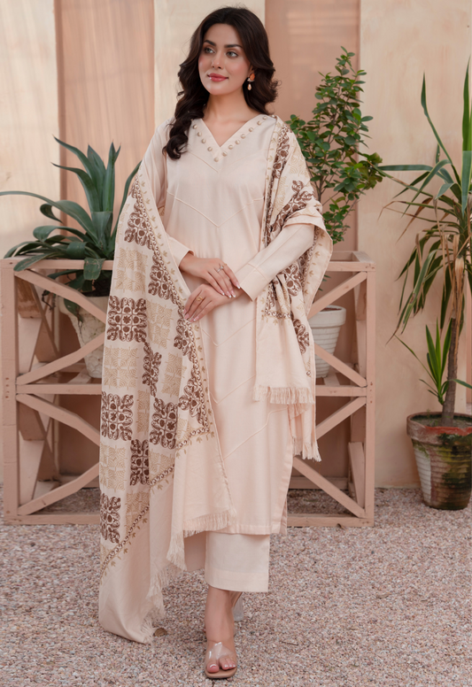 (Cream) 3 Pc Dhanak Dress with Embroidered Wool Shawl Dupatta | Winter Wear | RANIYA.H