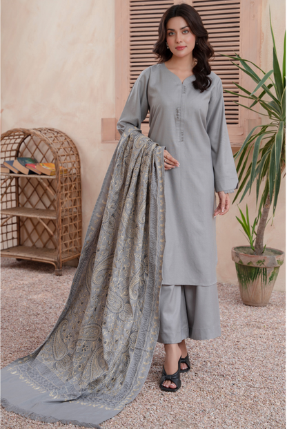 (Grey) 3 Pc Dhanak Dress with Embroidered Wool Shawl Dupatta | Winter Wear | RANIYA.H